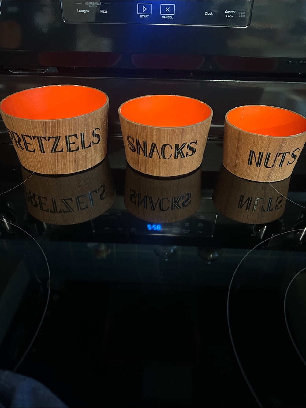 Vintage 1970s Viking Handmade Snack Bowls Pretzels Nuts Woodgrain Orange Retro